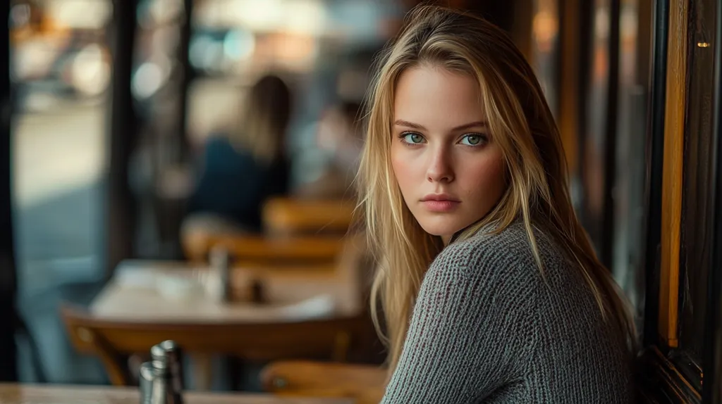 A young woman with long blonde hair sits in a cafe, looking directly at the camera. She wears a grey sweater and has a serious expression on her face. She is leaning slightly towards the camera, as if she is about to speak. The cafe is in the background and blurred out. The setting is warm and inviting, with soft lighting and a comfortable atmosphere. The image has a serene and intimate feel.