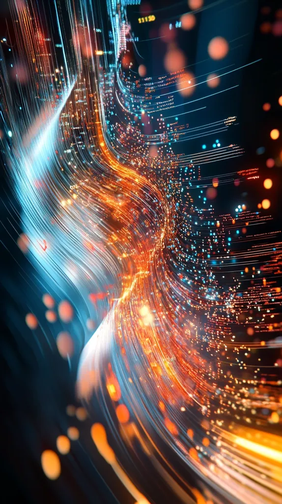 The image is an abstract representation of data flow. A swirling mass of blue and orange light streaks with a few white highlights form a dynamic, layered background. Scattered bokeh lights in shades of orange, red and blue add depth to the image. The composition suggests a complex, fast-moving flow of information.