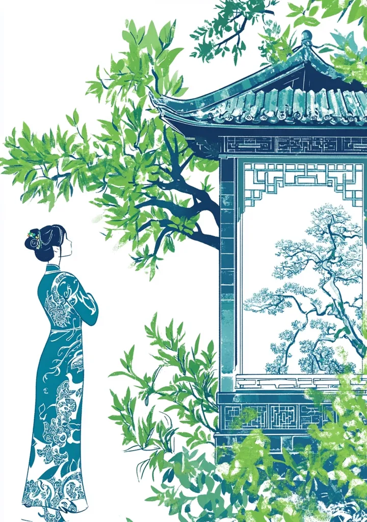 A woman in a blue dress stands in front of a traditional Chinese pavilion. The pavilion has a detailed roof and is adorned with intricate latticework. A tree frames the structure, its branches extending into the scene. The pavilion's window reveals a smaller tree within, creating a sense of depth and perspective.  The image is rendered in shades of green and blue, evoking a serene and contemplative atmosphere.  The artwork captures a moment of tranquility and the beauty of traditional Chinese architecture.