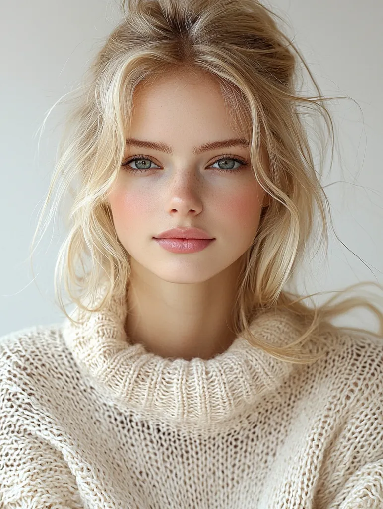 A young woman with long, wavy blonde hair, wearing a cream-colored knitted turtleneck sweater, looks directly at the camera. Her features are delicate, with light blue eyes, a small nose, and full lips. She appears to have light freckles scattered across her nose and cheeks. The background is a simple, light grey, creating a clean and minimalist aesthetic.  Her expression is neutral, conveying a sense of calmness and composure.
