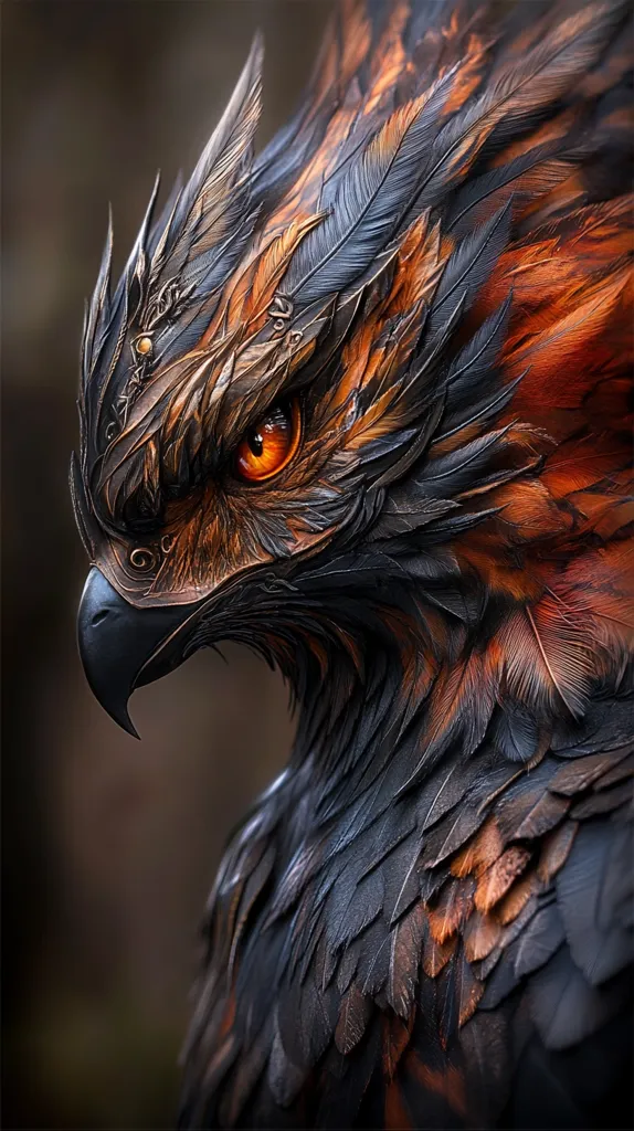 A close-up portrait of a majestic bird of prey with intricate feathers and a sharp, piercing gaze. The bird's plumage is a mix of black, dark blue, and rust orange, creating a dramatic contrast. Its powerful beak and intense orange eye give it a commanding presence. The image is likely a digital illustration, capturing the essence of a fierce and captivating creature.