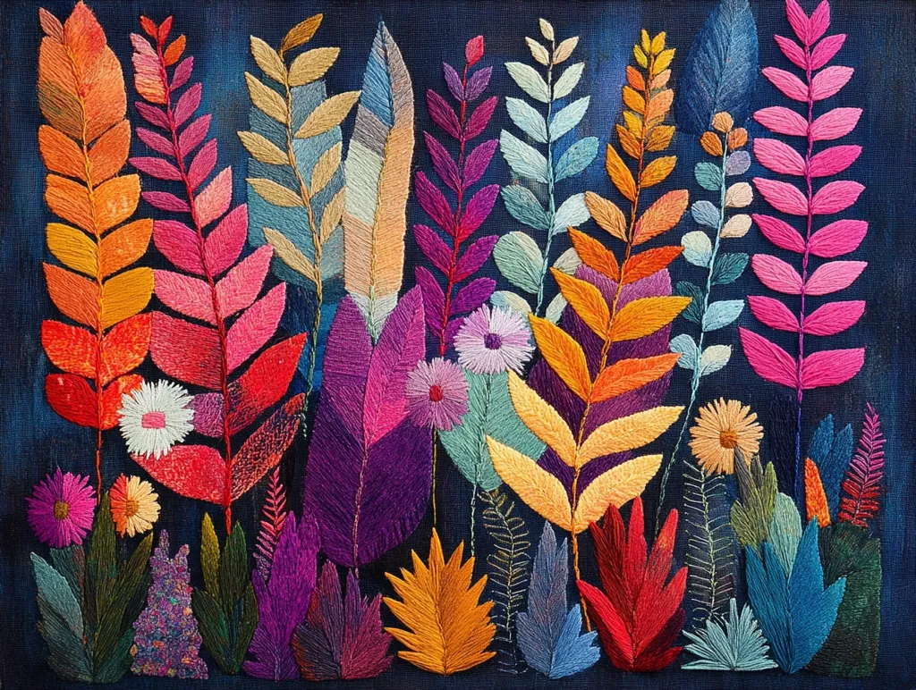This is an embroidered artwork depicting a vibrant garden. The piece features a variety of colorful flowers and foliage stitched onto a dark blue background. The flowers are primarily white with pink and purple accents, while the leaves are a mix of reds, oranges, yellows, pinks, purples, and blues. The intricate stitching creates a textured and visually captivating piece.
