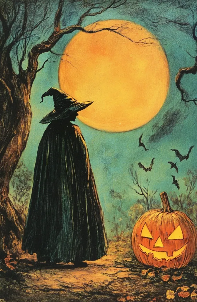 A witch in a black cloak and pointed hat stands in a dark forest, silhouetted against a large, orange moon.  Bats fly through the air, and a jack-o'-lantern sits glowing on the ground. The scene evokes a sense of spooky mystery and Halloween magic.
