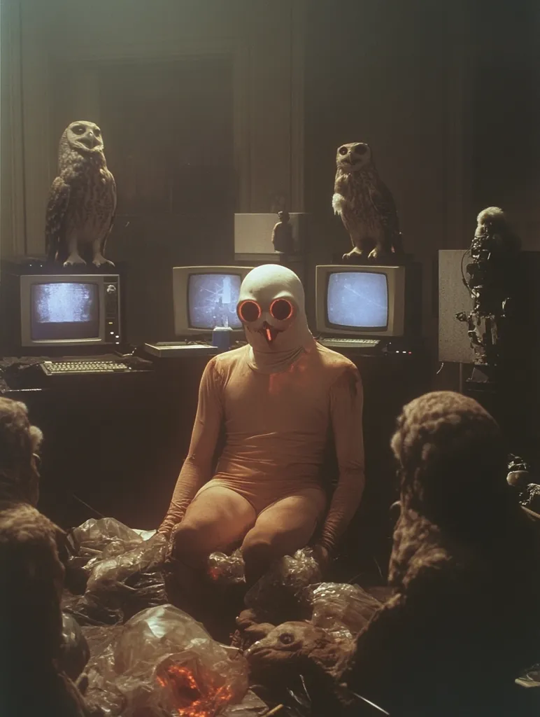 A person in a white, full-body suit and a mask with red eyes sits on the floor surrounded by plastic bags and a pile of stuffed animals. Two owls perch on shelves behind them, and a third owl-like figure sits in the background. The scene is dimly lit, creating a sense of mystery and unease. The subject's expressionless face and the cluttered environment add to the surreal atmosphere.
