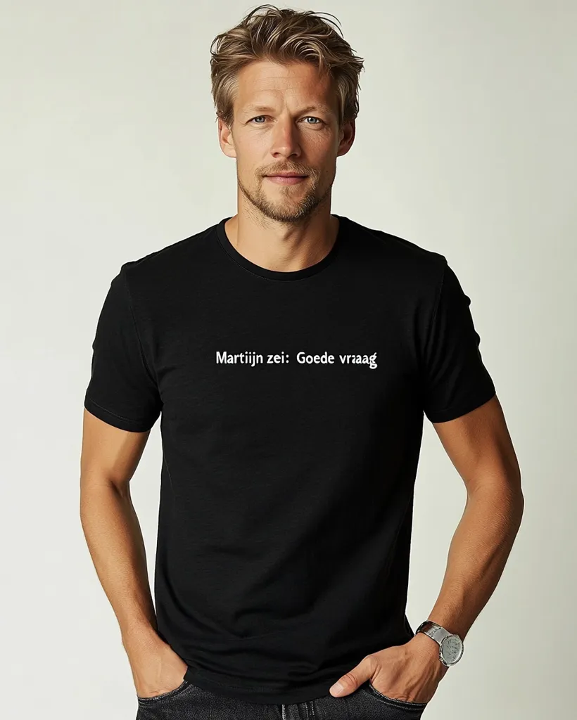 A man with short, blonde hair and a beard is wearing a black t-shirt with white text that reads "Martijn zei: Goede vraag". He is standing in front of a white background and has one hand in his pocket and the other resting on his hip. He is wearing a silver watch on his left wrist.