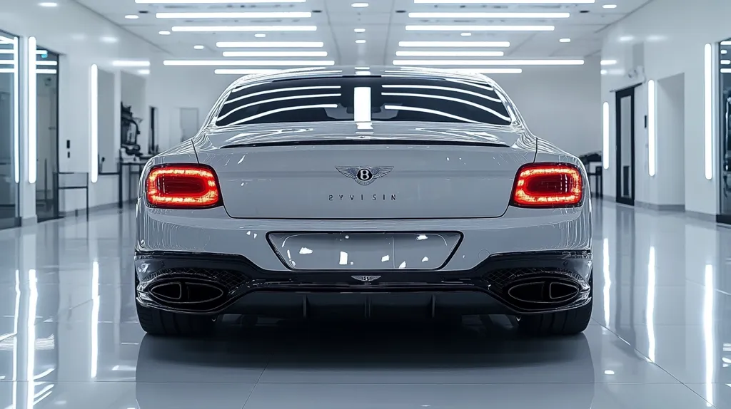 A white Bentley Continental GT is parked in a showroom. The car is facing away from the camera, with the rear lights and badge visible. The showroom is brightly lit with white walls and polished floors. The car's reflection can be seen on the floor, highlighting the sleek design of the vehicle.  The sleek lines of the car and the clean background create a sense of luxury and sophistication.