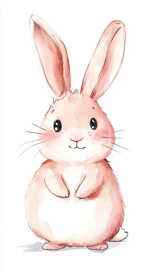 A watercolor painting of a cute, fluffy bunny rabbit with large, floppy ears. The bunny has a soft, pink body and big, black eyes. It is standing upright with its paws tucked in front of its chest, looking directly at the viewer with a sweet expression. The background is white, emphasizing the bunny's cuteness.