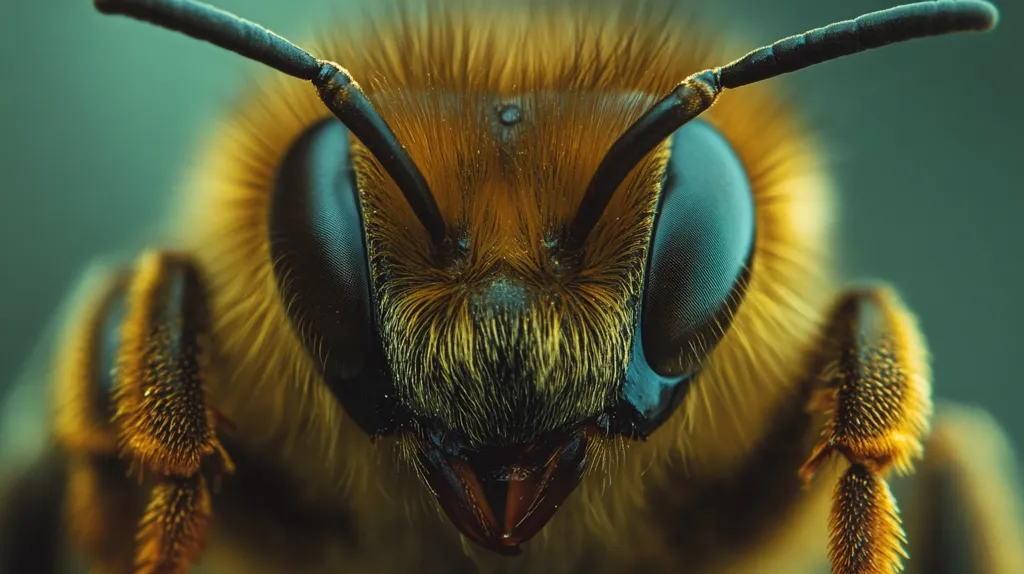 A bee's face is captured in extreme close-up, revealing intricate details of its hairy body, large compound eyes, and prominent antennae. The image emphasizes the beauty and complexity of the insect world, highlighting the bee's vital role in nature. The fuzzy texture of its body, the striking blue-green color of its eyes, and the sharp angles of its antennae create a mesmerizing visual composition.