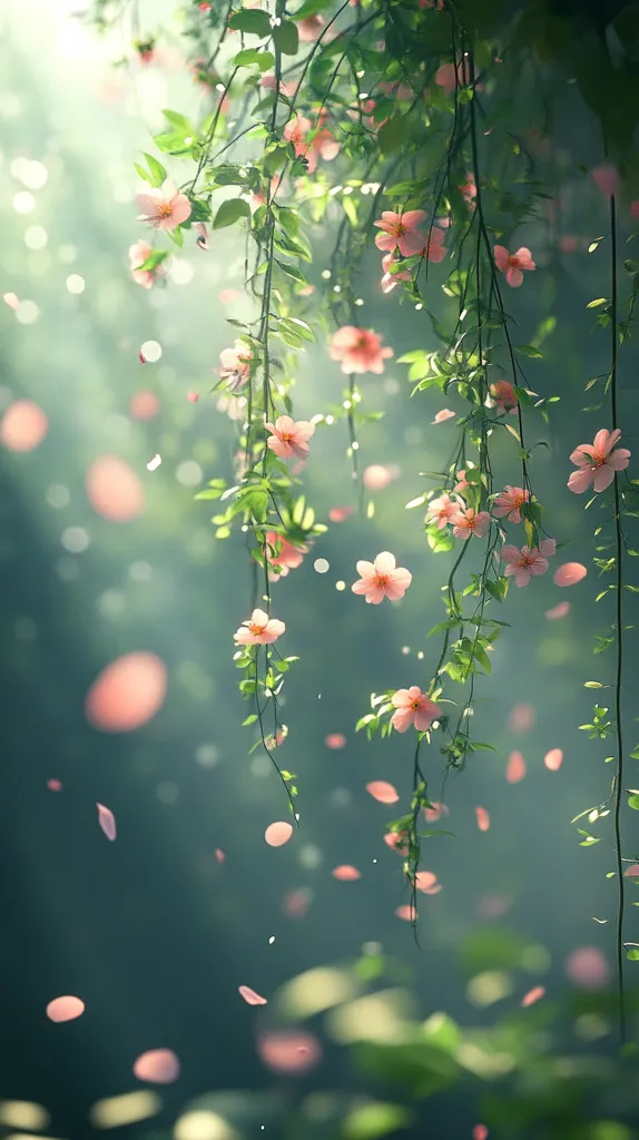 Delicate pink blossoms hang from verdant vines, their petals falling like a gentle rain. The soft light filters through the leaves, creating a dreamy atmosphere. The image evokes a sense of peace and tranquility, as if captured in a moment of suspended time.