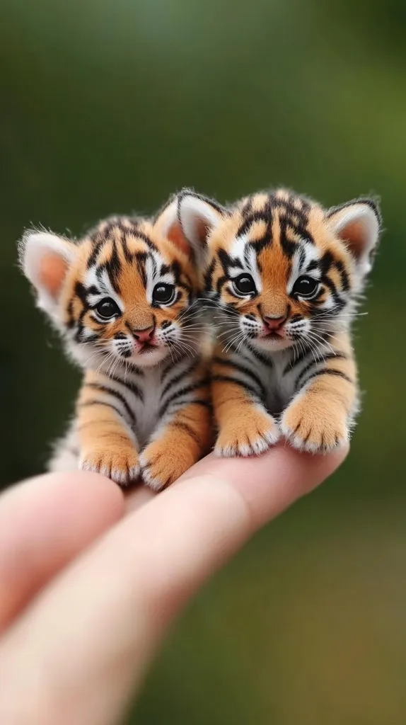 Two tiny tiger cubs, with orange and black stripes, are being held in a person's hand. They are looking at the camera with big, curious eyes and have their paws resting on the person's fingers. The cubs are incredibly small, their bodies barely bigger than the person's fingers, and their soft fur is visible. The background is blurred, leaving the focus entirely on the adorable cubs.  Their small size and innocent expressions evoke a sense of tenderness and awe.