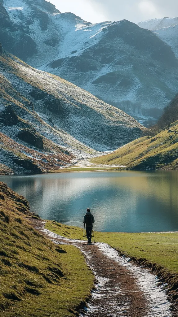 A lone hiker walks on a snow-dusted path winding along the edge of a serene lake, nestled between snow-capped mountains. The surrounding landscape is a mix of lush green grass and rugged, snow-covered hills, creating a picturesque scene of natural beauty. The clear blue water reflects the sky and the surrounding peaks, adding to the tranquility of the scene.
