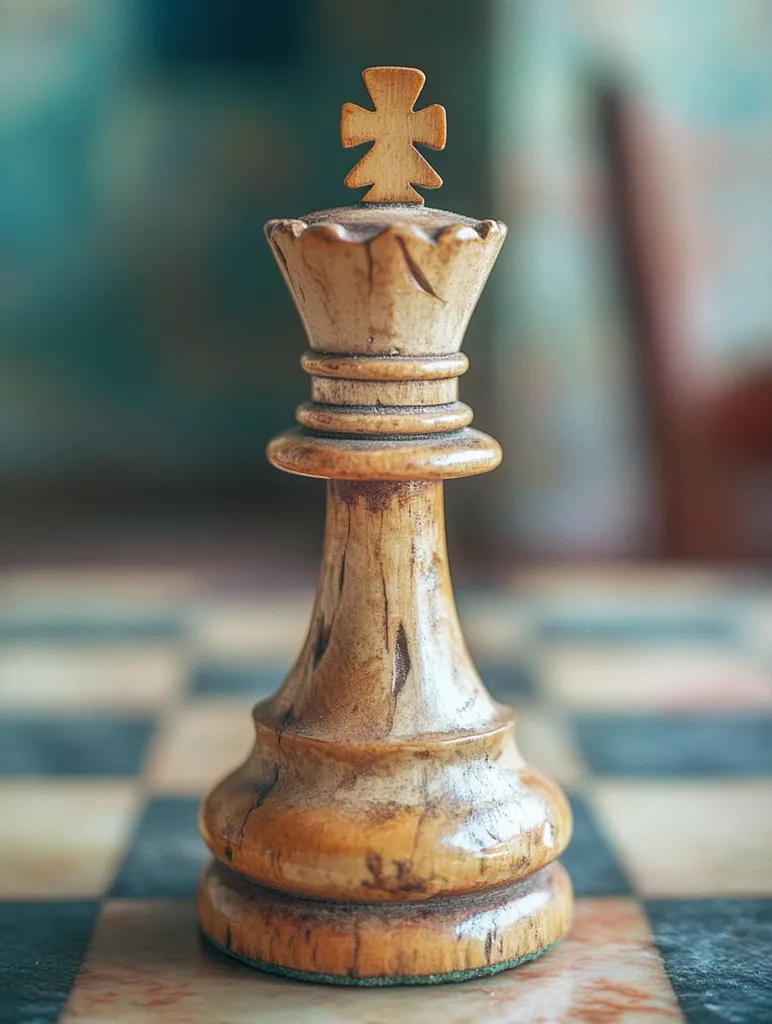 A weathered, wooden chess queen stands proudly on a checkered board. The queen's crown is a simple cross, and her body is worn with time. The chessboard is partially obscured by a blurry background, adding a sense of mystery to the scene. The image evokes a sense of history and strategic thought.