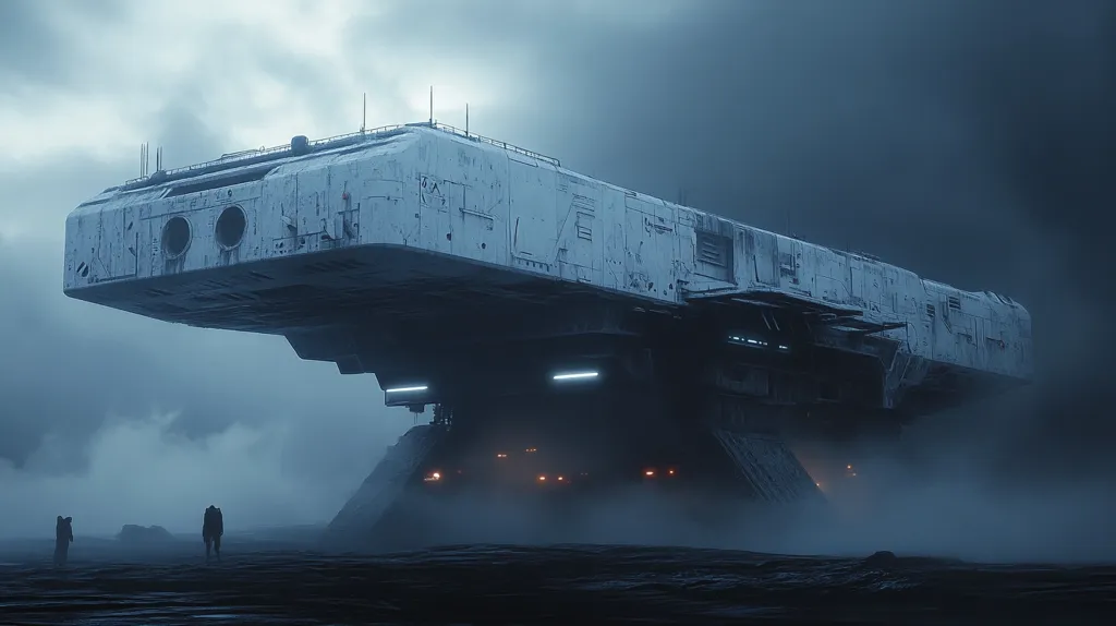 A large, white, futuristic spaceship sits on a platform, partially obscured by fog. The ship is large and boxy with a flat bottom and numerous compartments. It appears to have landed recently, with some faint orange lights visible on the platform below. Two small figures stand in the foreground, dwarfed by the ship's immense size. The scene is dominated by a gray, overcast sky, and the whole image is evocative of a mysterious, perhaps even hostile, alien environment.