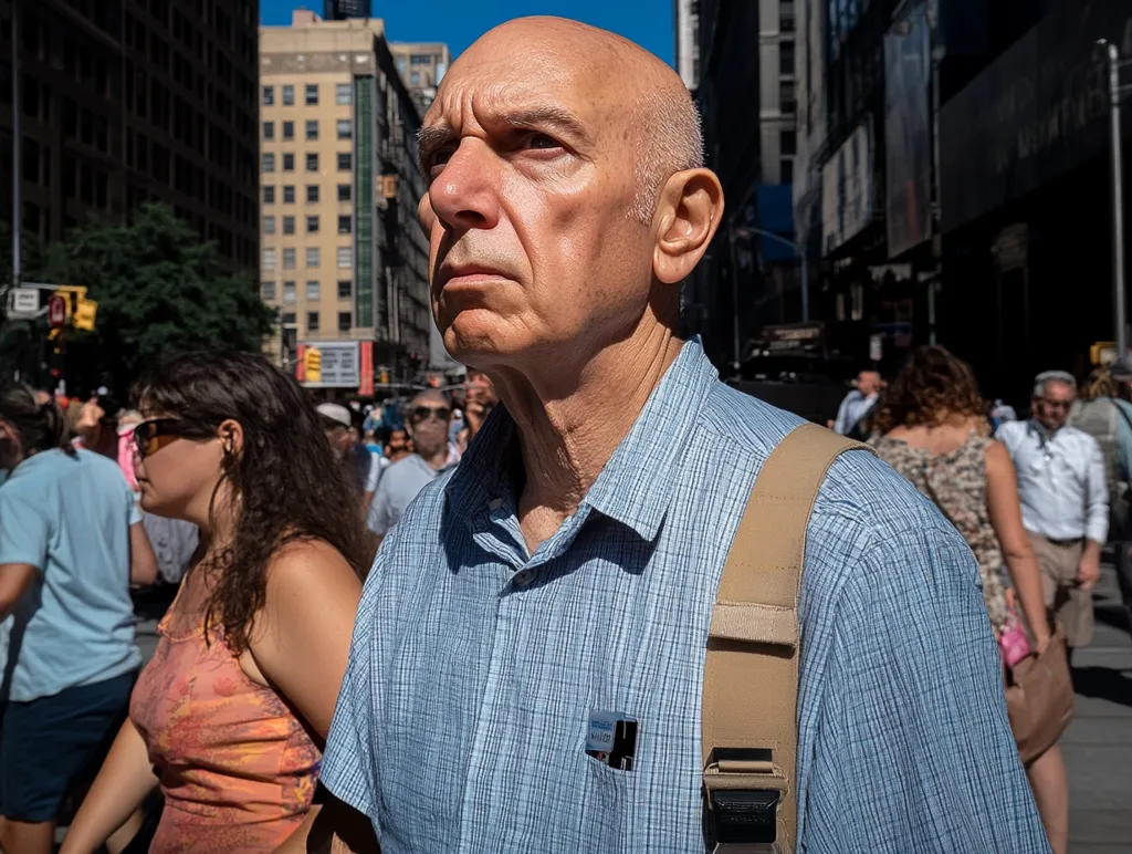 A man in a blue button-down shirt and a tan shoulder strap looks upwards while standing in the middle of a busy city street. Other people are blurred in the background. Tall buildings line the street.
