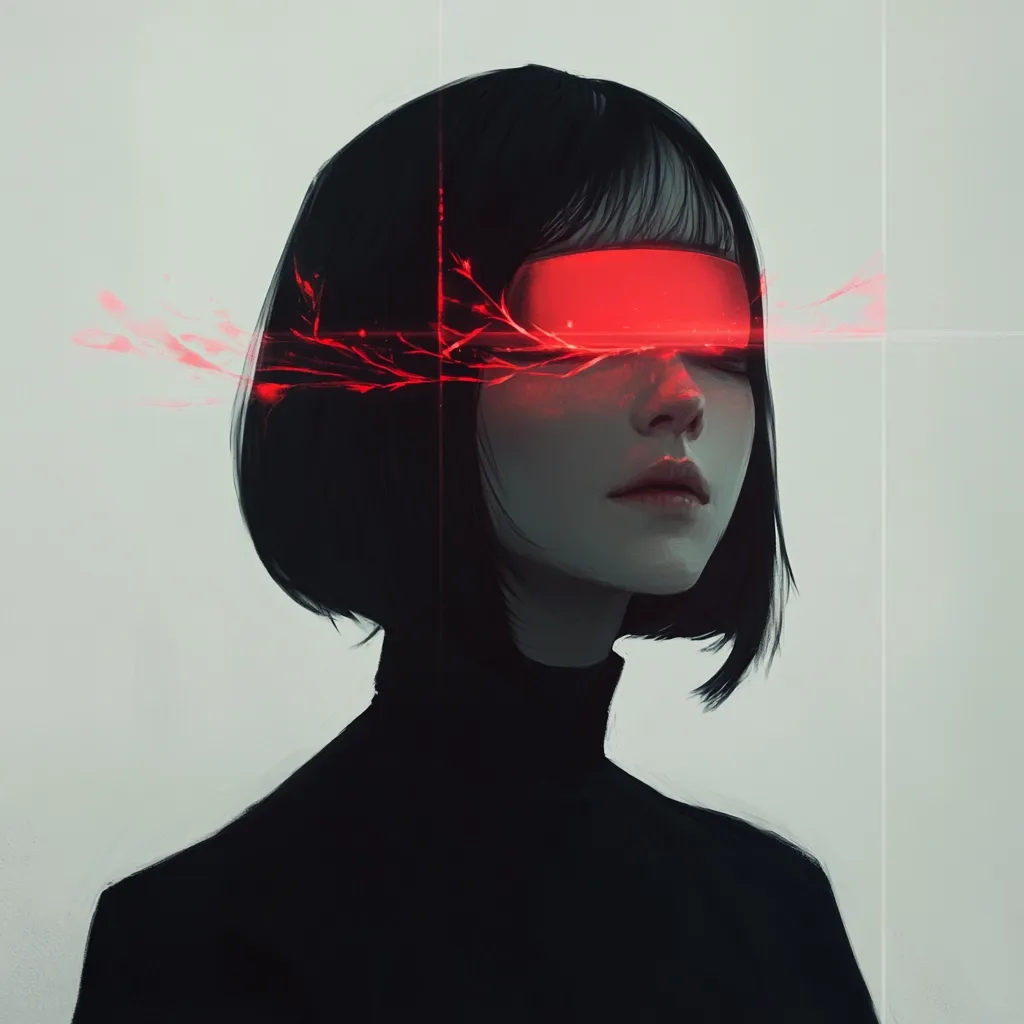 The image depicts a young woman with short, dark hair. She is wearing a black turtleneck sweater and has a red light emanating from her eyes, creating a striking contrast against her pale skin. The light appears to be a digital interface or a futuristic technology, suggesting a theme of science fiction or virtual reality. The minimalist background emphasizes the woman's features and the futuristic element. The overall impression is one of mystery and intrigue.