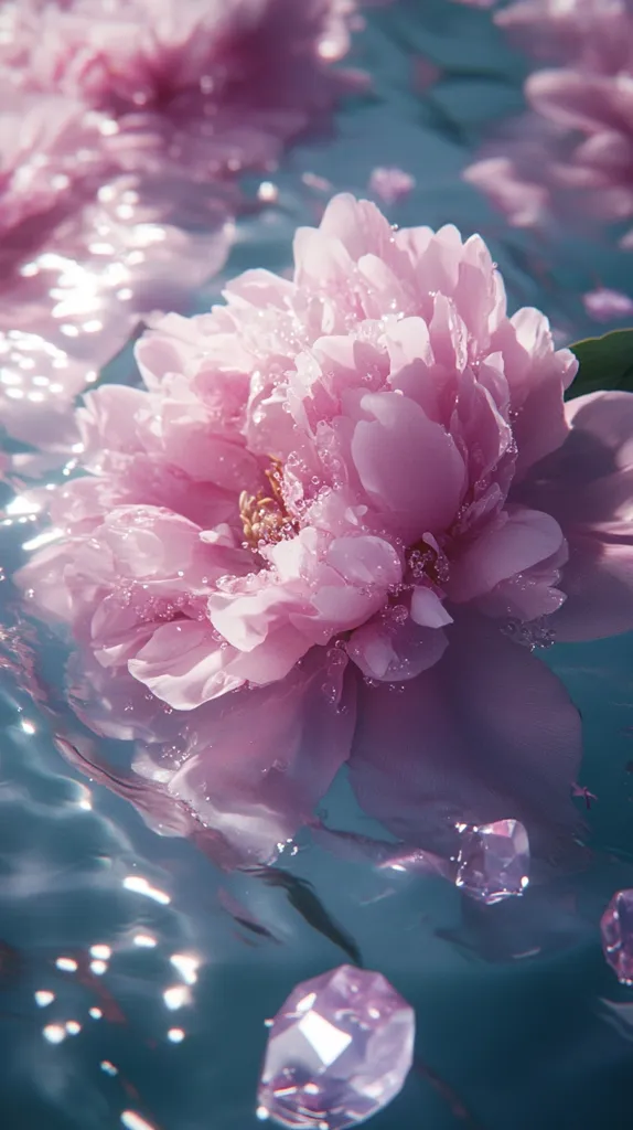 A delicate pink peony flower floats on the surface of still water, its petals slightly unfurled. The water is a tranquil turquoise, reflecting the flower's delicate beauty.  Small, iridescent crystals are scattered around the flower, adding a touch of sparkle to the serene scene.  The overall image evokes a sense of tranquility and natural beauty.