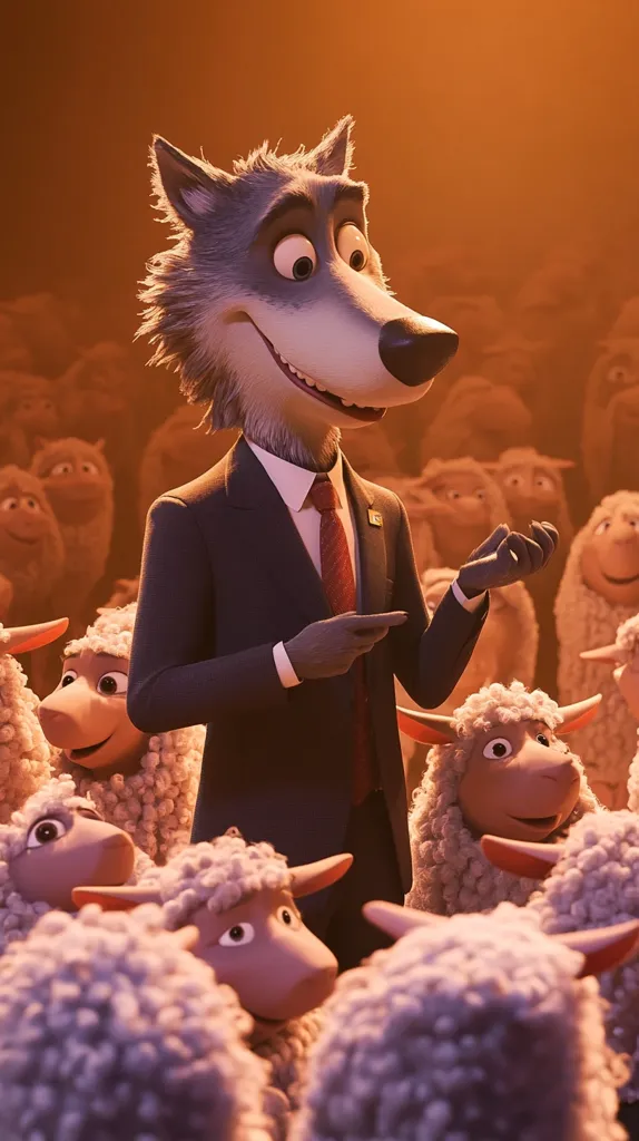 A wolf in a suit, with a red tie, is addressing a crowd of sheep. The wolf has a mischievous grin on his face, and the sheep appear to be listening intently. The scene is brightly lit, and the background is blurred. The image evokes a sense of  mystery and intrigue,  as the wolf's true intentions are unclear.  The scene appears to be from an animated film, with vibrant colors and expressive characters.  The overall tone is lighthearted and fun, with a touch of suspense.