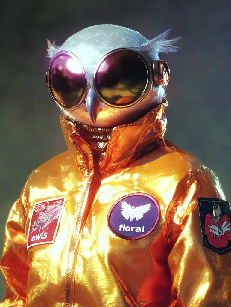 A stylized owl with a human-like face is wearing large goggles and a shiny gold jacket with patches. The patches feature the words "owls" and "floral," and stylized images of an owl and a flower. The owl's head is tilted down, creating a mysterious and somewhat menacing aura. The backdrop is a soft, blurry green, adding to the sense of intrigue.