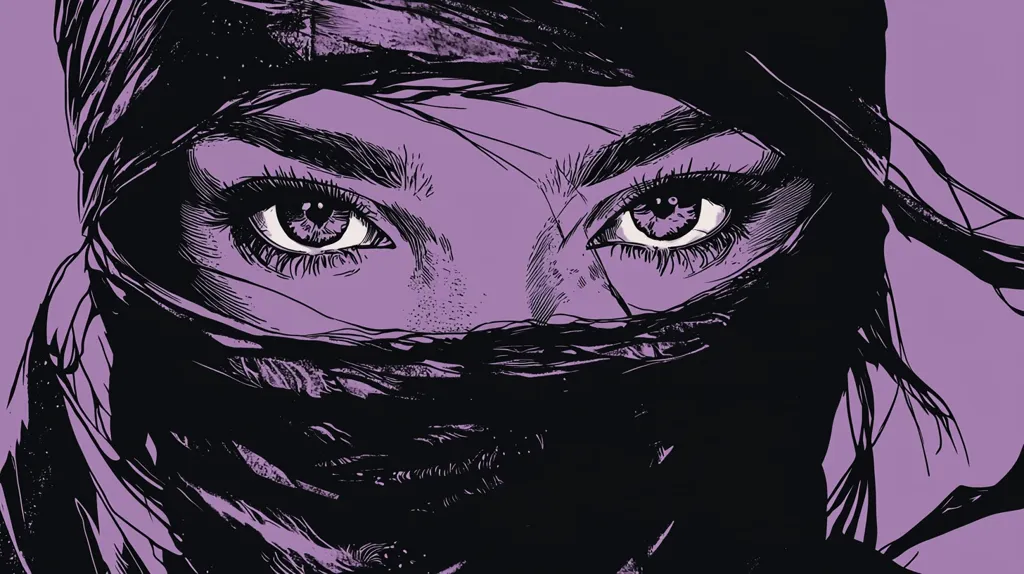 The image depicts a woman's face partially obscured by a dark veil, with only her eyes visible. The veil is drawn tight, leaving only a glimpse of her piercing gaze. The woman's hair is flowing, and the background is a soft purple hue. The image is drawn in a dramatic, stylized manner, with sharp lines and strong contrasts. The woman's eyes are the focal point of the image, conveying a sense of mystery and intensity.