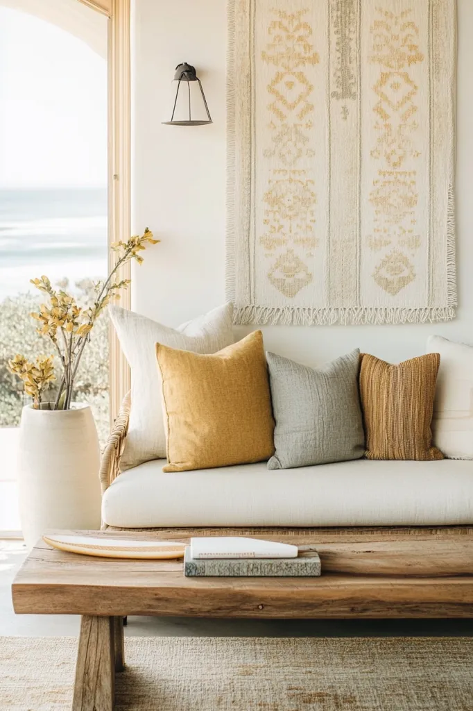 A cozy living space features a white couch with a variety of textured pillows in shades of beige, grey, and yellow, a rustic wood coffee table, and a large, intricately woven tapestry hanging on the wall. The couch is positioned in front of a window with a view of a sandy beach and the ocean. The room is bathed in natural light, creating a serene and inviting atmosphere.