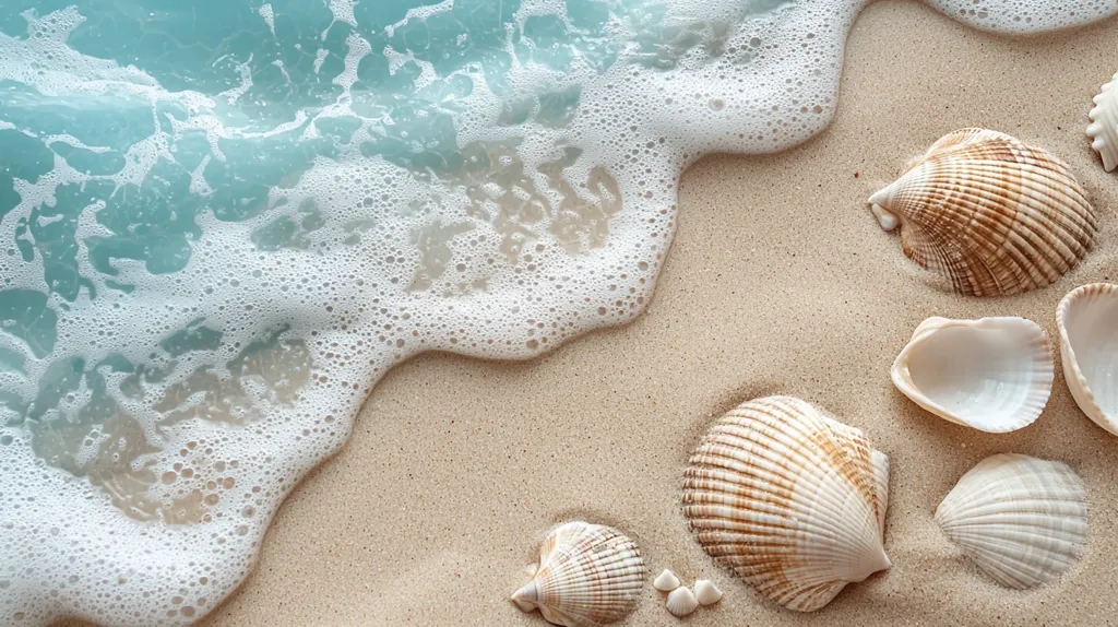 A foamy ocean wave crashes onto a sandy beach, leaving behind a collection of seashells. The shells, in various shapes and sizes, lie scattered on the pristine white sand, creating a tranquil and inviting coastal scene. The light blue water and soft white foam create a calming atmosphere, reminiscent of a peaceful beach escape.