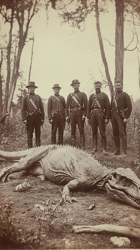 Five men, dressed in military attire, stand over a large, dead reptile, possibly a dinosaur. The photo is sepia toned and appears to be from the 19th century. The men are all facing the camera, with the reptile in the foreground. The scene is likely a staged photograph, with the men posing next to the reptile. The photo's context and authenticity are uncertain, but it offers a glimpse into a time when our understanding of ancient creatures was still evolving.