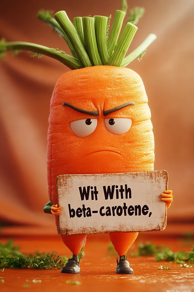 A cartoon carrot with a grumpy expression is holding a sign that reads "Wit With beta-carotene." The carrot is standing on a wooden surface with green foliage in the foreground. The image is humorous and lighthearted.