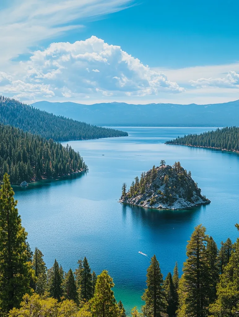 A serene lake stretches out before a forested hillside, its surface reflecting a bright blue sky dotted with fluffy white clouds. A small island, covered in trees and rocks, sits in the center of the lake, creating a picturesque scene. The water is calm and clear, inviting you to explore the tranquil beauty of the natural world.