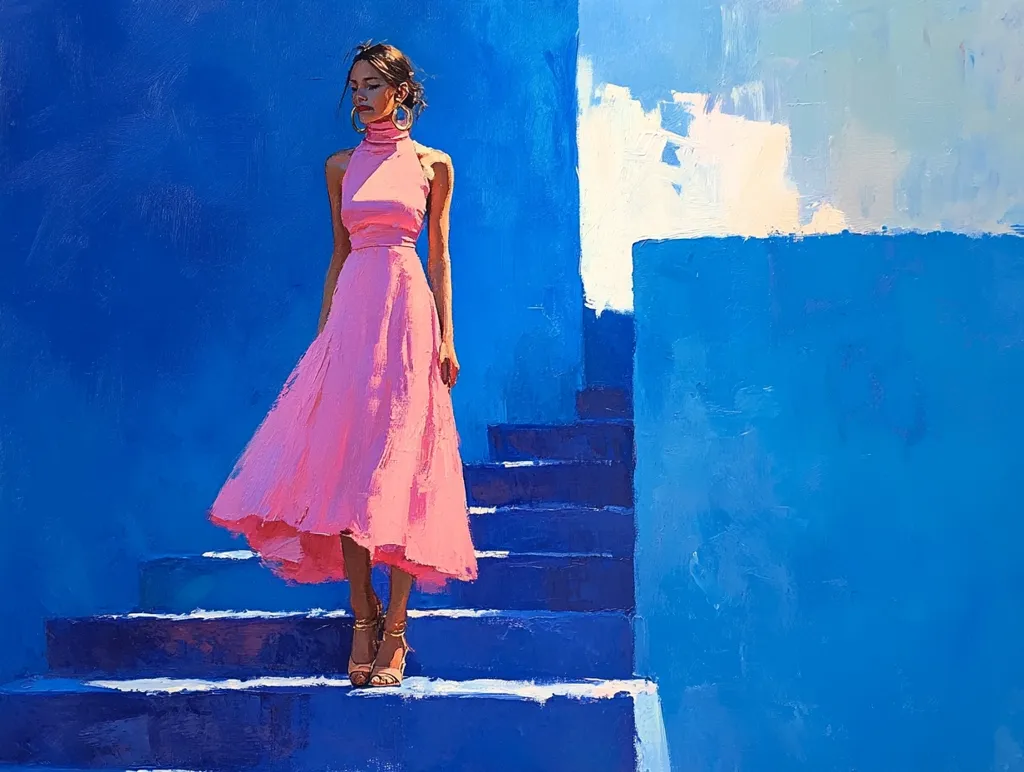 A woman in a pink dress stands on a set of blue stairs.  The background is a wall painted in a bright cerulean blue.  The woman is looking down with a thoughtful expression. The painting has a  bold, abstract style.