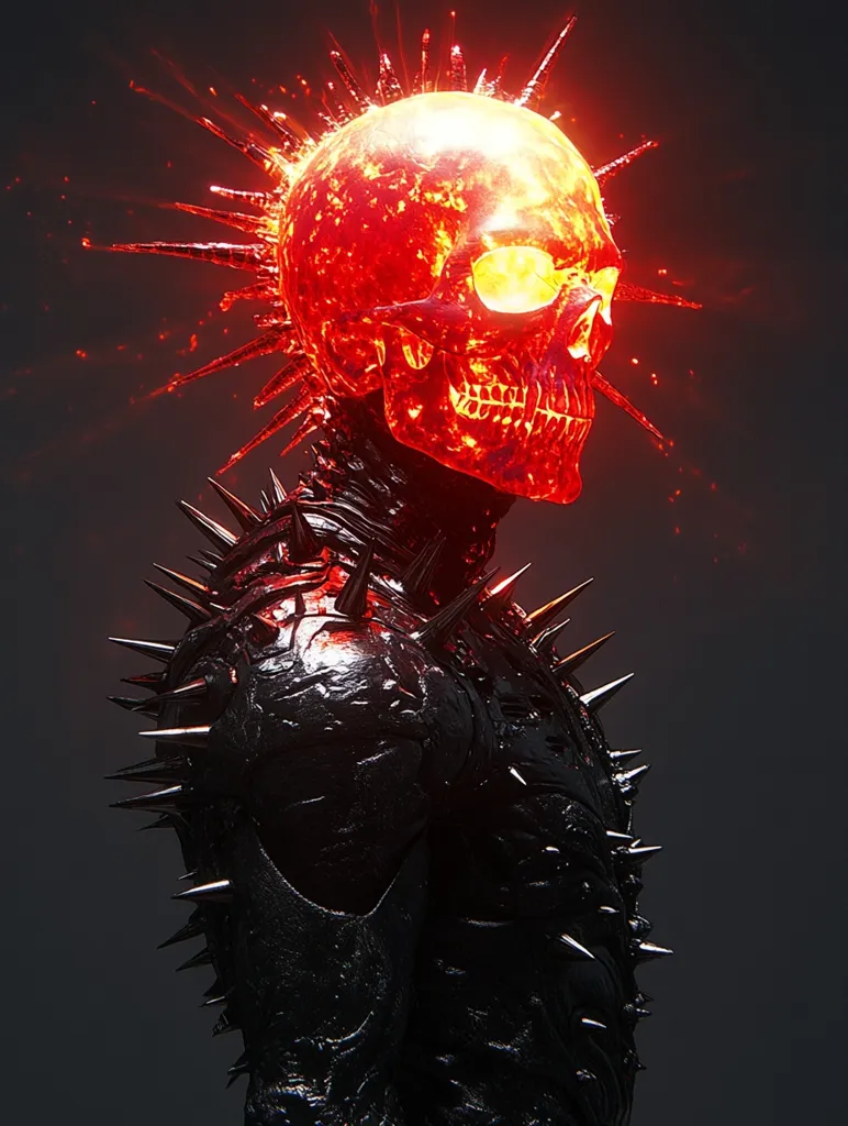 The image shows a digital rendering of a skull with a mohawk of spikes. The skull is glowing red, like it is on fire. It is the head of a dark, shadowy figure that is covered in spikes. The background is black and the light from the skull illuminates the figure.