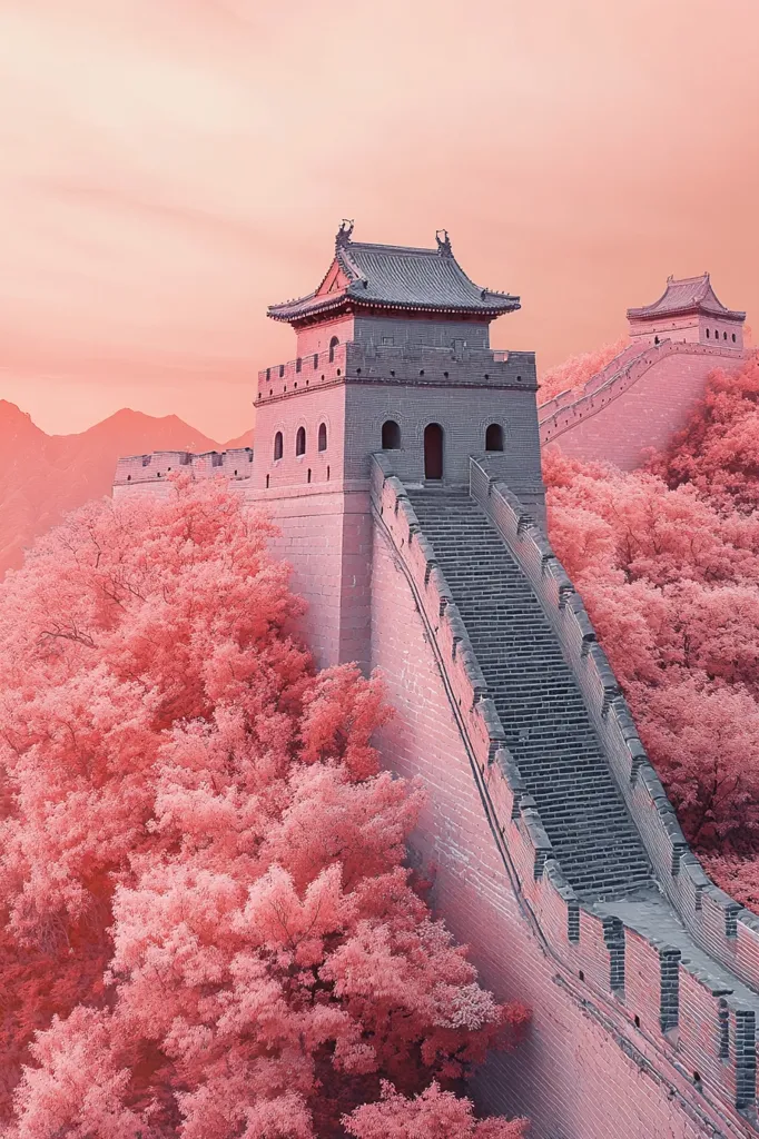 A majestic view of the Great Wall of China with a soft pink hue. The wall winds through a vibrant forest of pink trees, creating a surreal and dreamlike atmosphere. The ancient architecture, with its intricately designed towers, stands tall against a pale pink sky.  The image captures the enduring beauty and history of this iconic landmark.