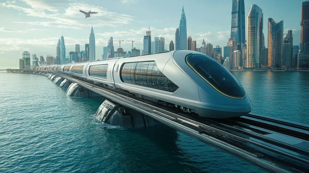 A futuristic-looking train travels on a track over water in a city with many skyscrapers. The train is sleek and silver, with large windows. The water is calm and blue. The scene is reminiscent of a science fiction film, with a sleek, modern train moving through a futuristic city. The train appears to be traveling above the water, possibly on a magnetic levitation system,  creating a striking visual contrast.  The sky is clear and blue, and the sun is shining. There is a small plane flying in the background.