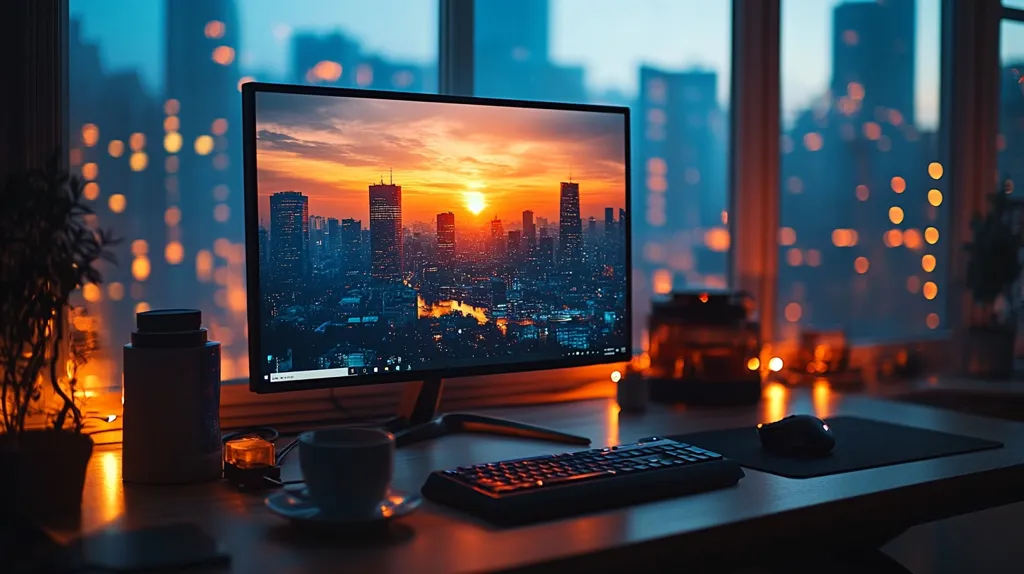 A computer monitor sits on a wooden desk with a keyboard and mouse in front of it. The monitor displays a sunset cityscape with tall buildings silhouetted against the vibrant sky. The room has a window with a blurry city view and warm, orange light shining through. The scene is cozy and inviting, with a warm atmosphere and a sense of quiet contemplation.