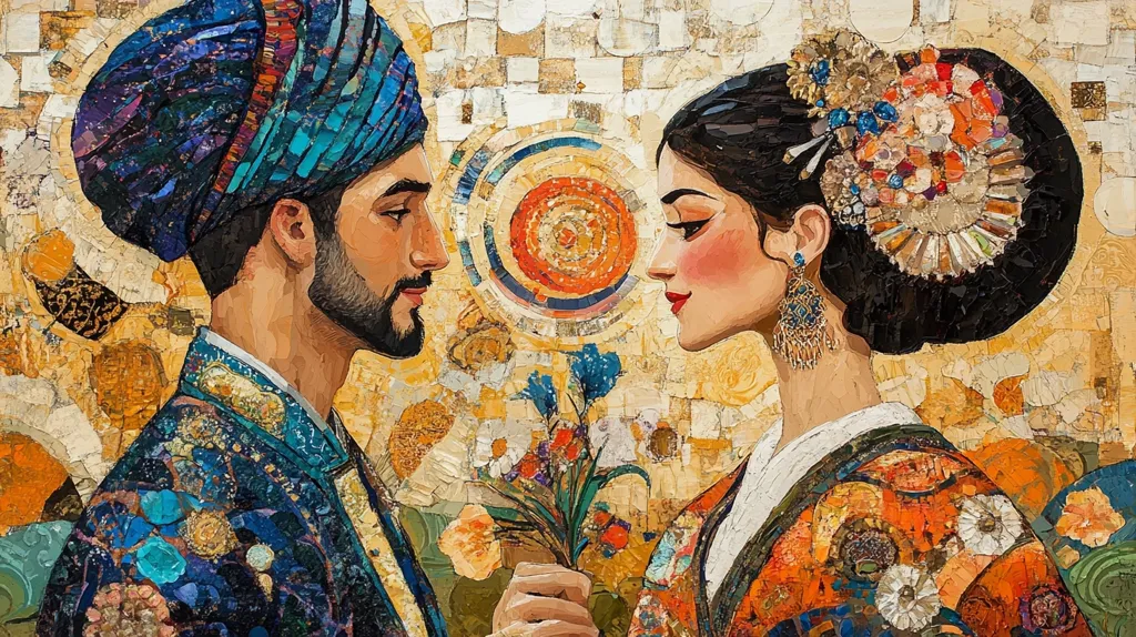 A man and a woman stand facing each other in an intricate painting. The man is wearing a blue turban, the woman a vibrant orange and red dress. Their expressions are soft and romantic. The background is a mosaic of gold, orange, and white. A bouquet of flowers rests between them.  The painting evokes a sense of love and cultural richness.