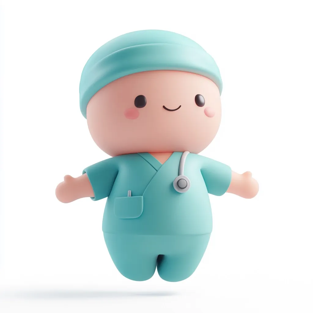 A 3D cartoon doctor with a blue scrub suit and a stethoscope, wearing a cute blue surgical cap and a big smile. The doctor is floating in the air, looking happy and ready to help. This friendly character has a simple design that is perfect for children's media.  The white background gives the image a clean and modern feel.