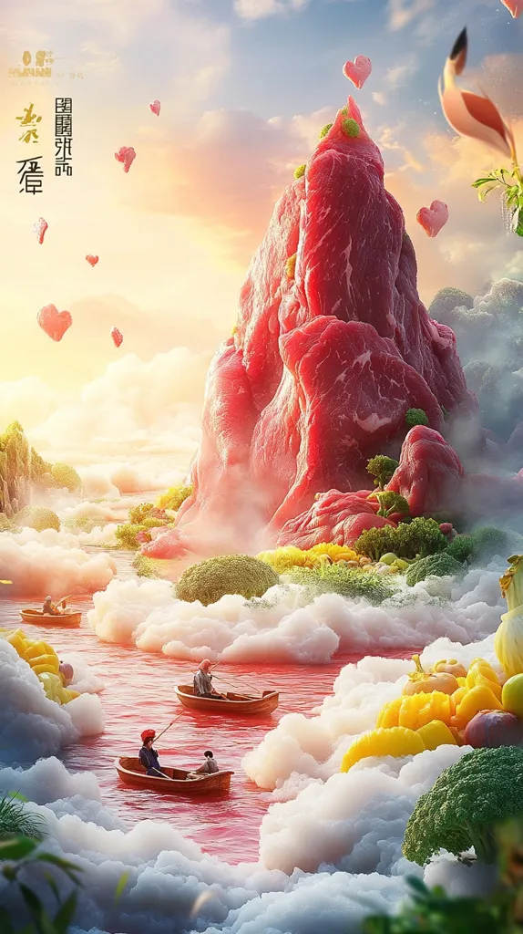 A surreal landscape with a giant meat mountain in the background. People are fishing in boats on a river of red liquid surrounded by fluffy white clouds. The clouds are dotted with colorful vegetables and fruits. Pink hearts float in the sky above.