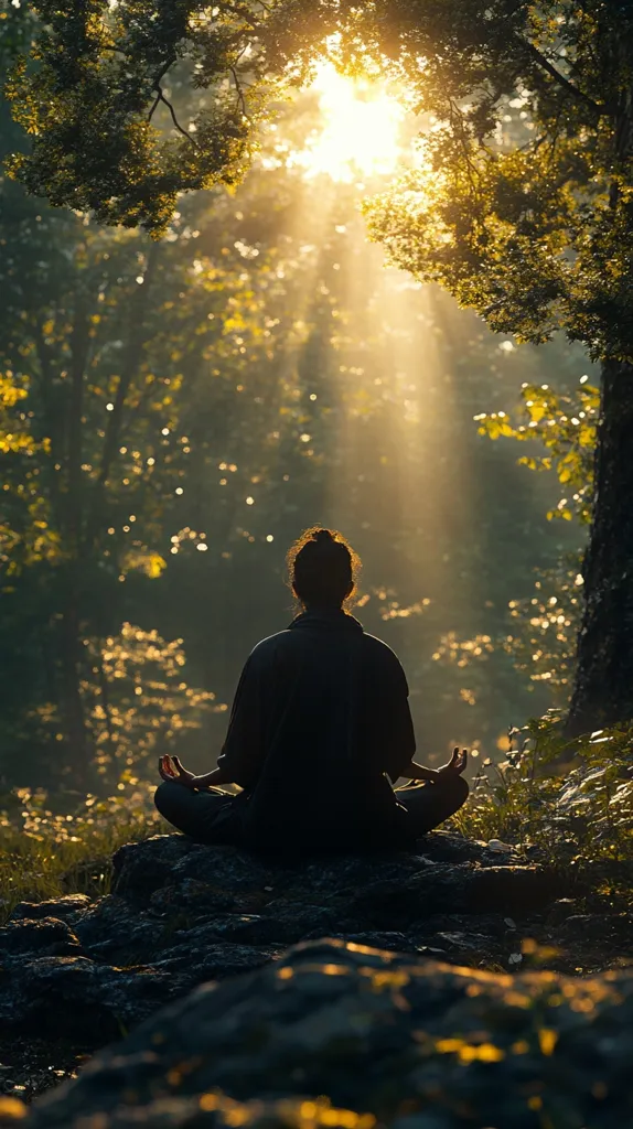 A person sits in a meditative pose on a rocky outcropping in the forest. Sunlight streams through the trees, casting a golden glow on the scene. The person's silhouette is highlighted against the bright light, creating a sense of peace and tranquility. The image evokes a feeling of serenity and connection with nature.