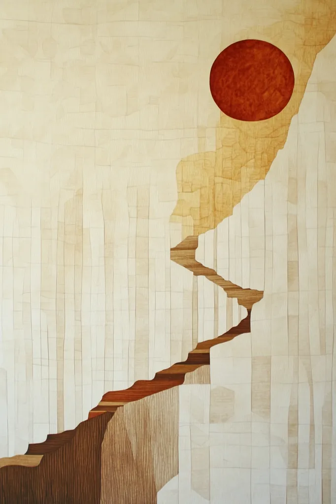 The image is an abstract piece of art created using wood. The background is a light beige and is made of vertical wooden pieces. In the middle and right are other wooden pieces, but they are brown and red, forming a winding path. A large red circle sits on top of the path, resembling the sun. The piece has a minimalist feel and evokes feelings of warmth and tranquility.