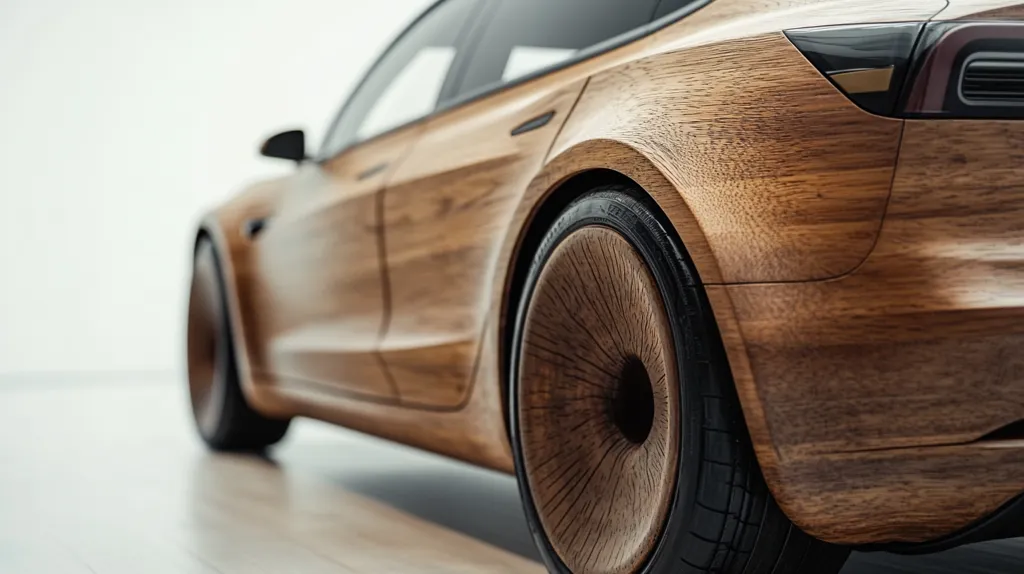 A sleek, modern car, possibly a Tesla, is covered in a rich, dark wood veneer. The wood grain is prominent, giving the car a unique, rustic look. The rear wheel is visible, also crafted from wood, adding to the car's unconventional design. The car is positioned against a white background, highlighting its wooden exterior.