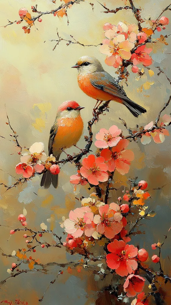A delicate painting depicts two small birds perched on a blossoming tree branch. The birds, painted in warm shades of orange and red, contrast beautifully with the vibrant pink flowers. The branches of the tree are intricately detailed, creating a sense of depth and movement. The background features a soft, muted palette that enhances the vibrancy of the foreground. The overall impression is one of beauty, serenity, and the delicate balance of nature.