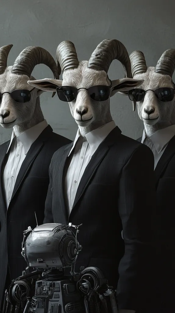 Three goats dressed in black suits and sunglasses stand in a line. They all have a serious expression on their faces. The goat in the middle is holding a small, robotic creature in front of them. The image has a dark and mysterious feel.  It is likely a piece of digital art.