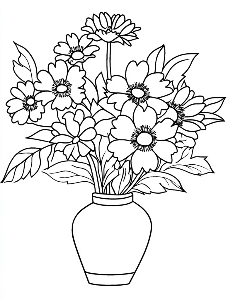 The image is a black and white line drawing of a bouquet of flowers in a vase. The flowers are arranged in a loose, natural way and the vase is a simple, round shape. There are 7 large flowers in the bouquet with multiple leaves around the stems. The drawing is simple and elegant, and it would be suitable for a coloring book or as a decorative element.