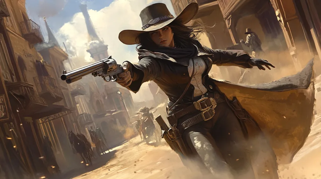 A woman in a wide-brimmed hat and leather coat stands in a dusty Western town street, pointing a pistol at the viewer. Her expression is determined as she aims,  with a brown coat billowing behind her.  She wears a belt with gold buckles, suggesting a tough and experienced gunslinger.  The buildings behind her are made of wood and stone, adding to the Wild West atmosphere.  The scene evokes a sense of danger and suspense.