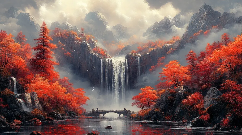 A picturesque waterfall cascades down a rocky cliff face in a misty, mountain valley. Vivid crimson and orange foliage line the banks of the river below, creating a breathtaking autumn scene. A small bridge spans the river, leading towards the misty peaks in the distance. The image evokes a sense of tranquility and wonder, transporting viewers to a serene natural paradise.
