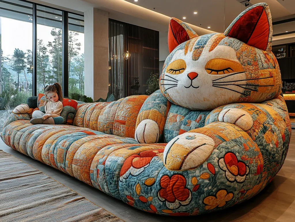 A large, colorful cat-shaped sofa sits in a modern living room. The sofa is covered in a patchwork of fabric with flowers and geometric patterns in shades of blue, orange, yellow, and white. A young girl sits on the sofa, her back to the camera. The sofa is positioned in front of a large window with a view of trees.  The room has a high ceiling and large windows.  A rug covers the floor.