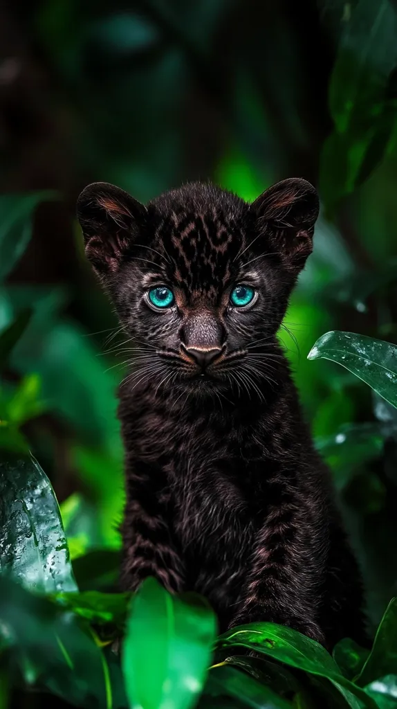 A black panther cub with piercing blue eyes sits amidst lush green foliage. Its fur is sleek and dark, blending seamlessly with the shadows of the jungle. The vibrant green leaves create a striking contrast against the panther's dark coat, highlighting its delicate features.  Its gaze is fixed on something beyond the frame, suggesting a sense of curiosity and alertness.  The image captures the beauty and mystique of this magnificent creature in its natural habitat.