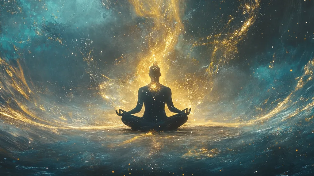 A serene silhouette of a person meditating in a lotus position, bathed in a celestial glow. The background is a mesmerizing swirl of golden and blue hues, reminiscent of a starry night sky. The image conveys a sense of peace, tranquility, and connection to the cosmos.