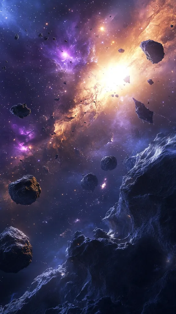 A cosmic scene with a star-studded background and glowing nebulae. Scattered asteroids and rocky formations dominate the foreground, while a bright light source illuminates the center of the image.  The scene evokes a sense of vastness and mystery.