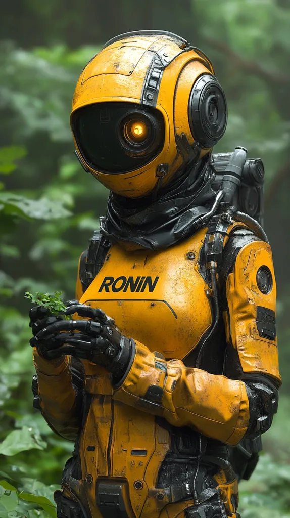 A futuristic, yellow-suited robot stands in a lush green forest. Its helmet has a large, black visor with a glowing orange eye. The robot's suit is worn and weathered, with visible mechanical details. The word "RONIN" is printed on the chest of the suit. The robot holds a small green plant in its gloved hand. The image evokes a sense of mystery and adventure, as the robot seems to be exploring the unknown.