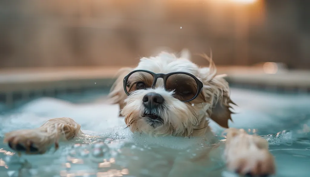 A small, white dog with dark sunglasses is swimming in a pool, looking at the camera. The water is clear and blue, with bubbles around the dog. The dog's fur is wet and fluffy. The background is blurred, focusing on the dog's face and sunglasses.  The dog seems to be enjoying its time in the pool.